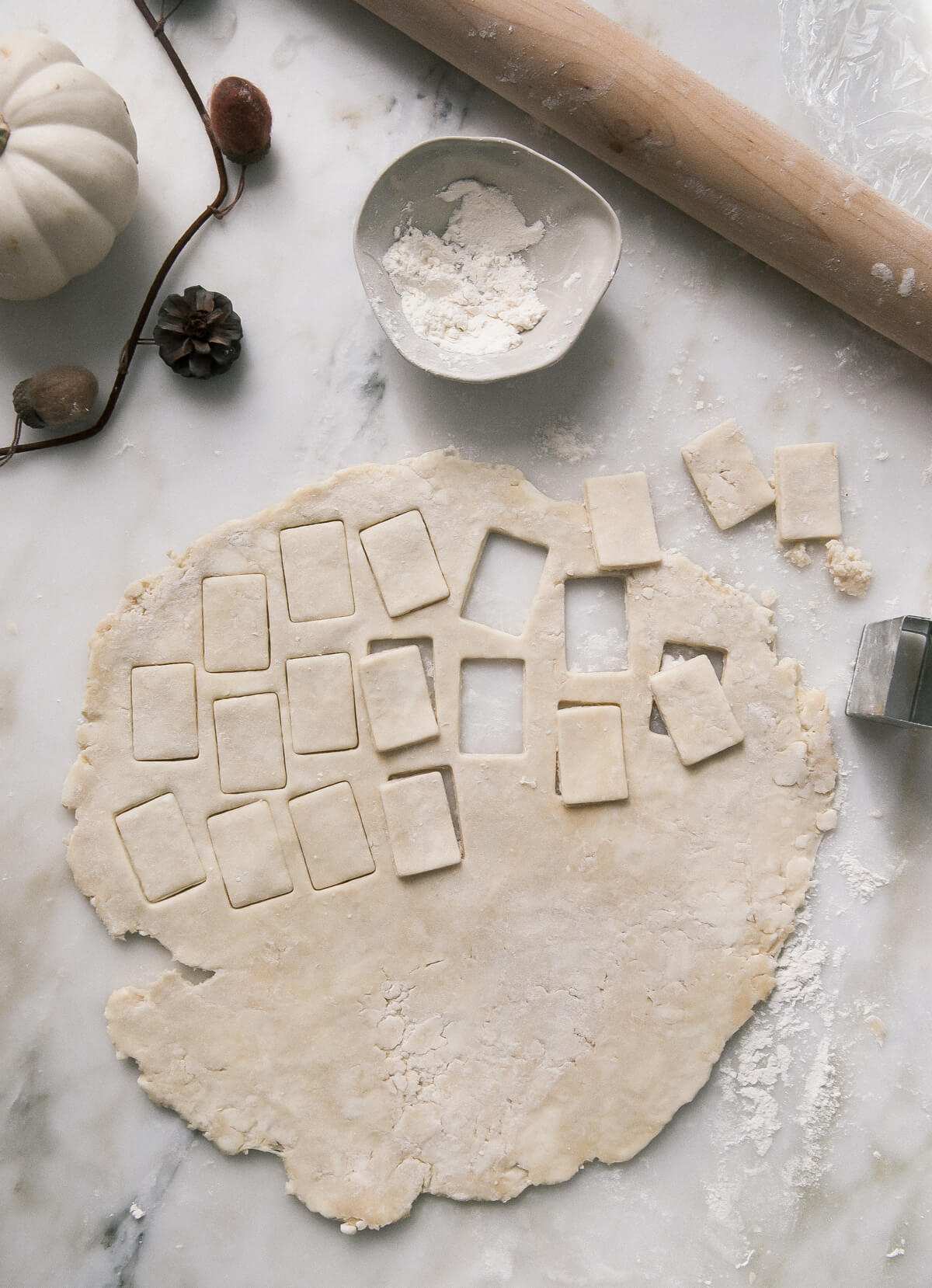 Pie crust cut out into tiles. 