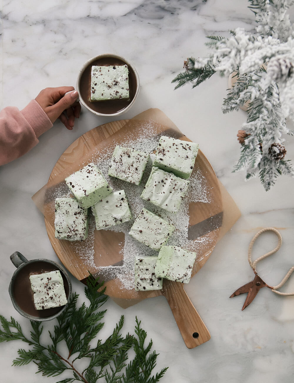 Mint Chocolate Chip Marshmallows on a serving board. 