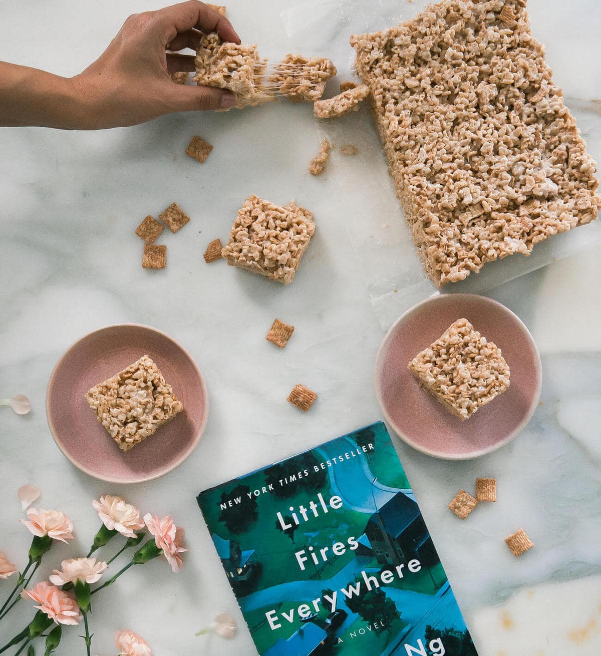 cozy book club: little fires everywhere discussion and cinnamon toast crunch rice krispy treats