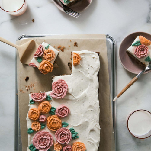Carrot Sheet Cake With Buttercream Flowers And Brown Butter Cream Cheese Frosting