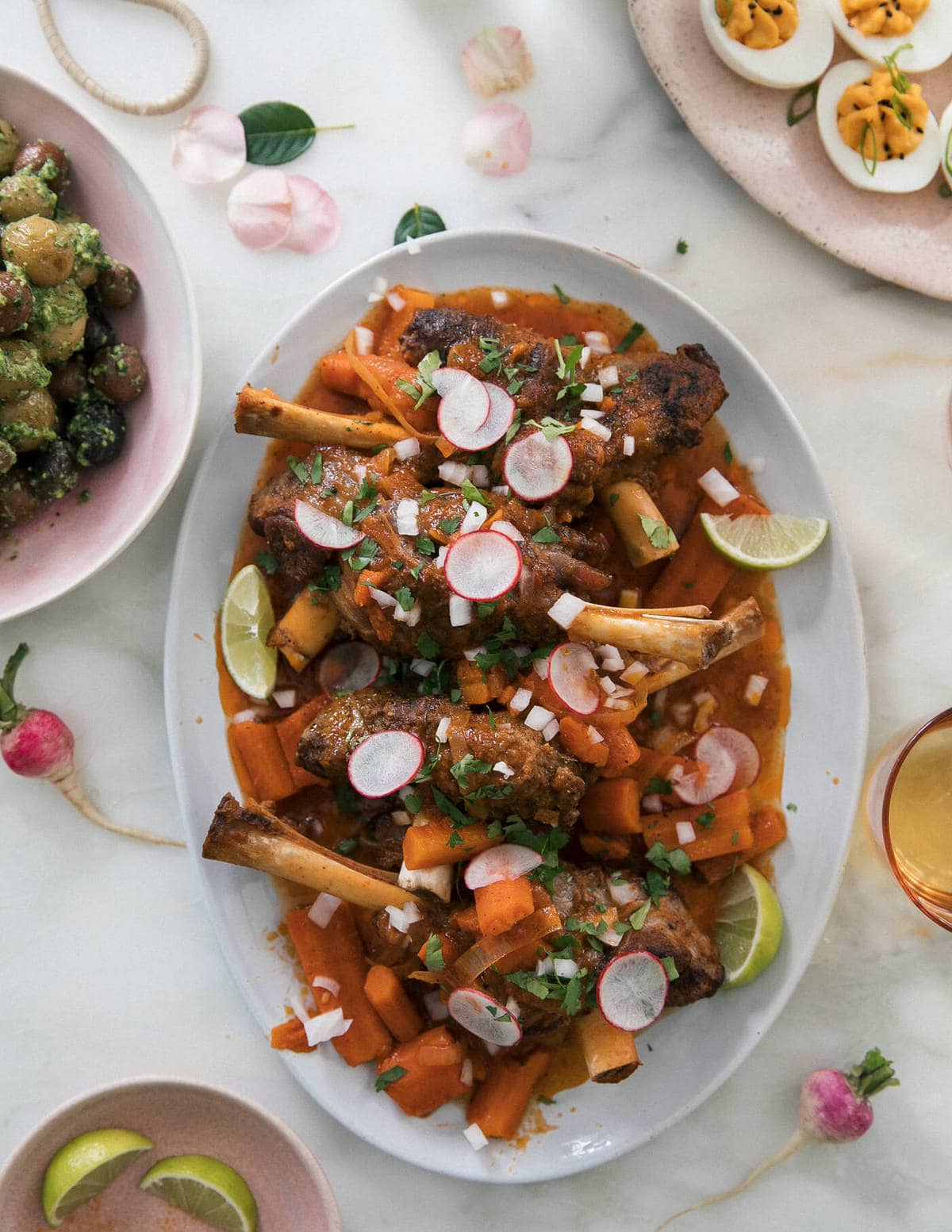 Close up image of instant pot braised lamb shanks on a platter topped with radishes.