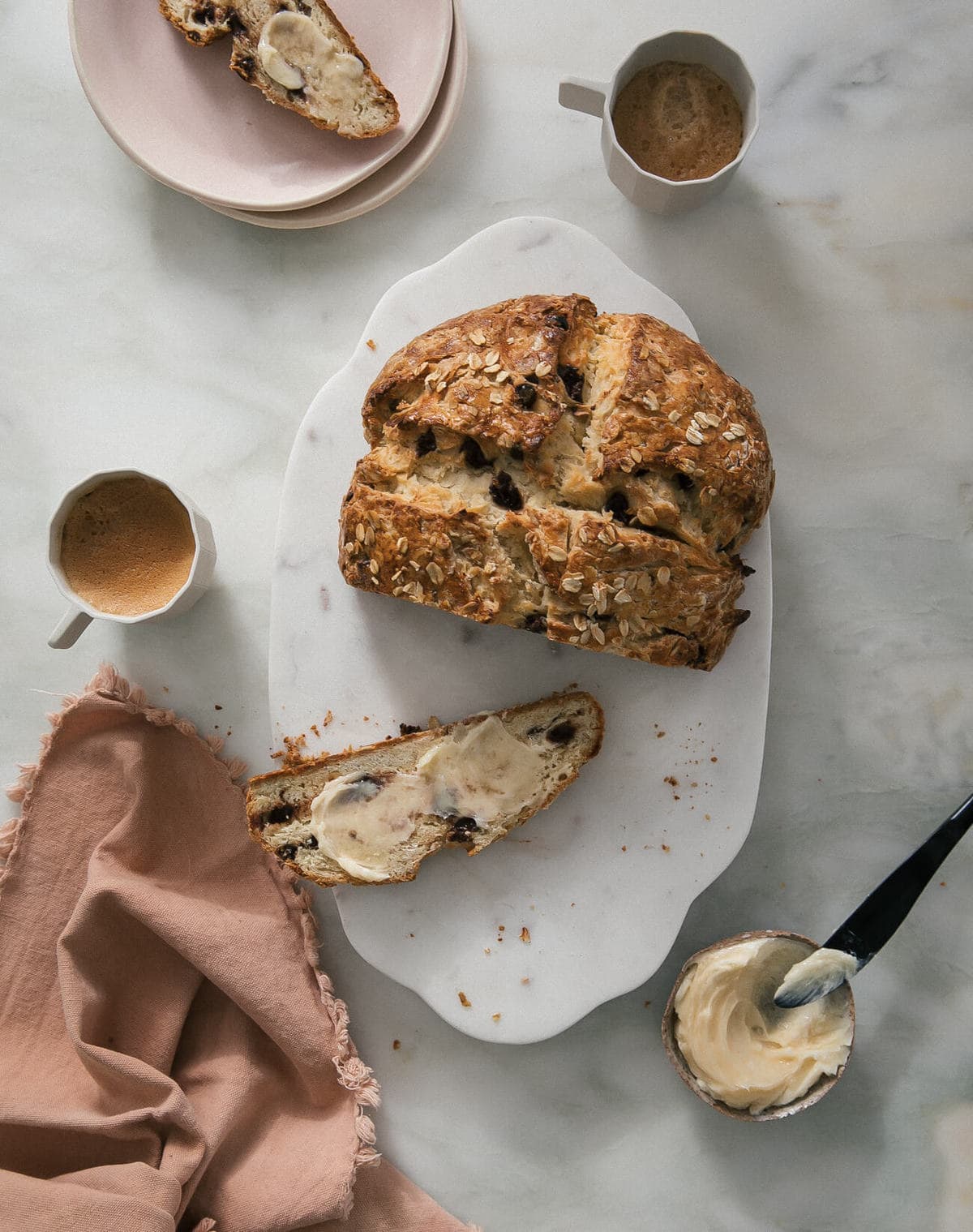 Chocolate Chip Irish Soda Bread on cutting board.