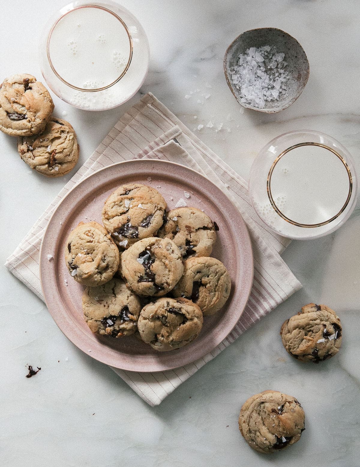 Bourbon pecan chocolate chip cookies on a plate. 