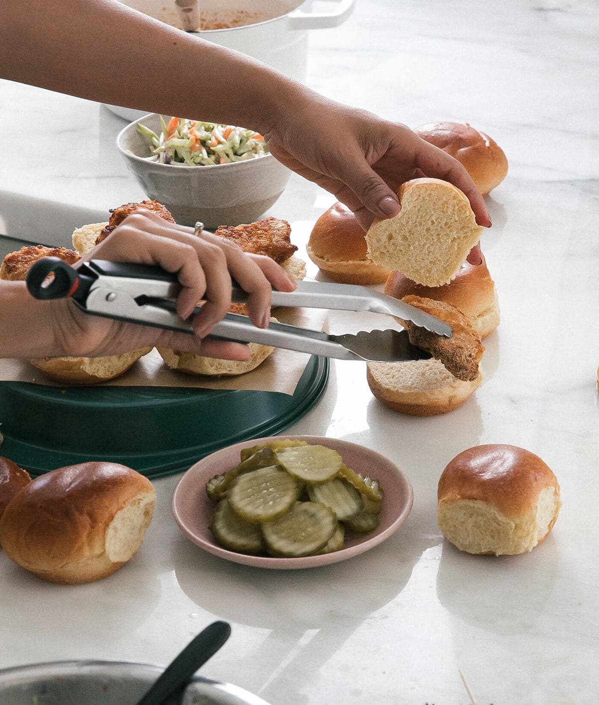 Assembling the sandwiches. 