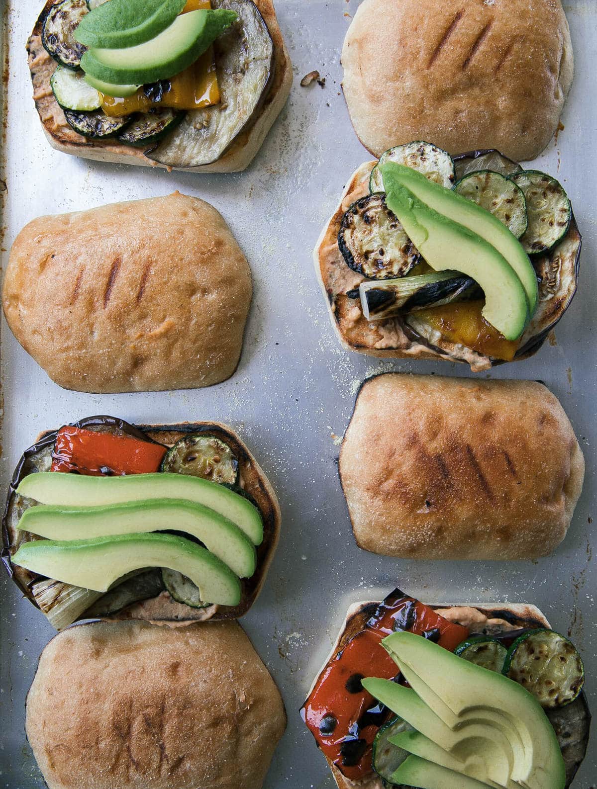 Grilled Veggie Sandwiches being assembled. 