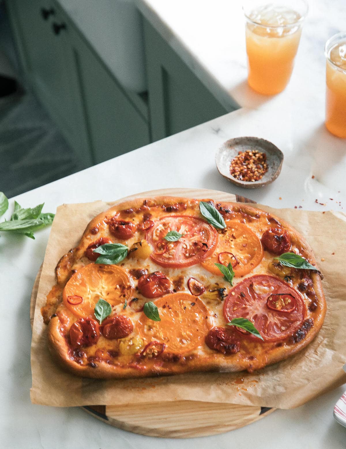 Heirloom Tomato Pizza just baked on counter. 