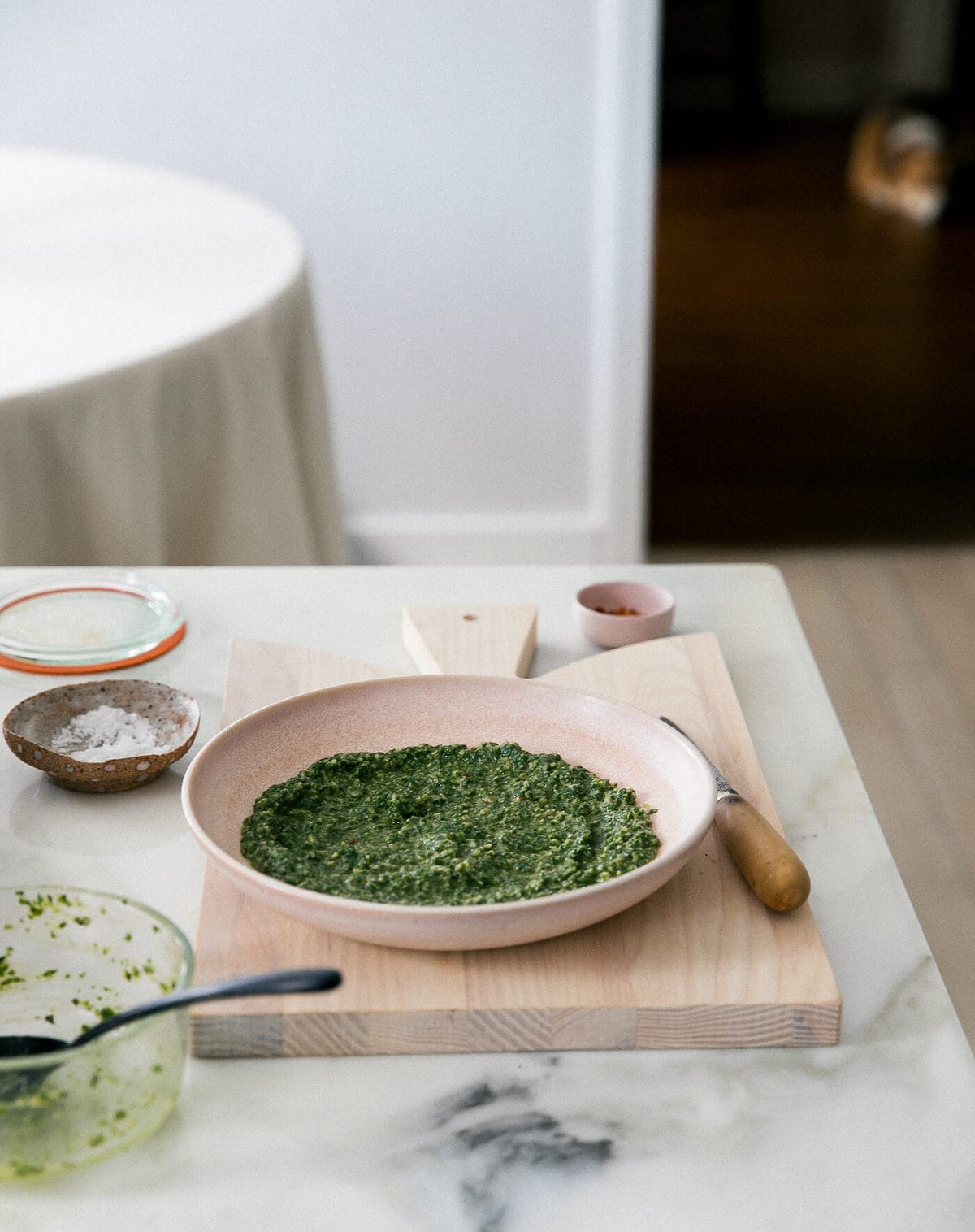 Pesto in bowl. 