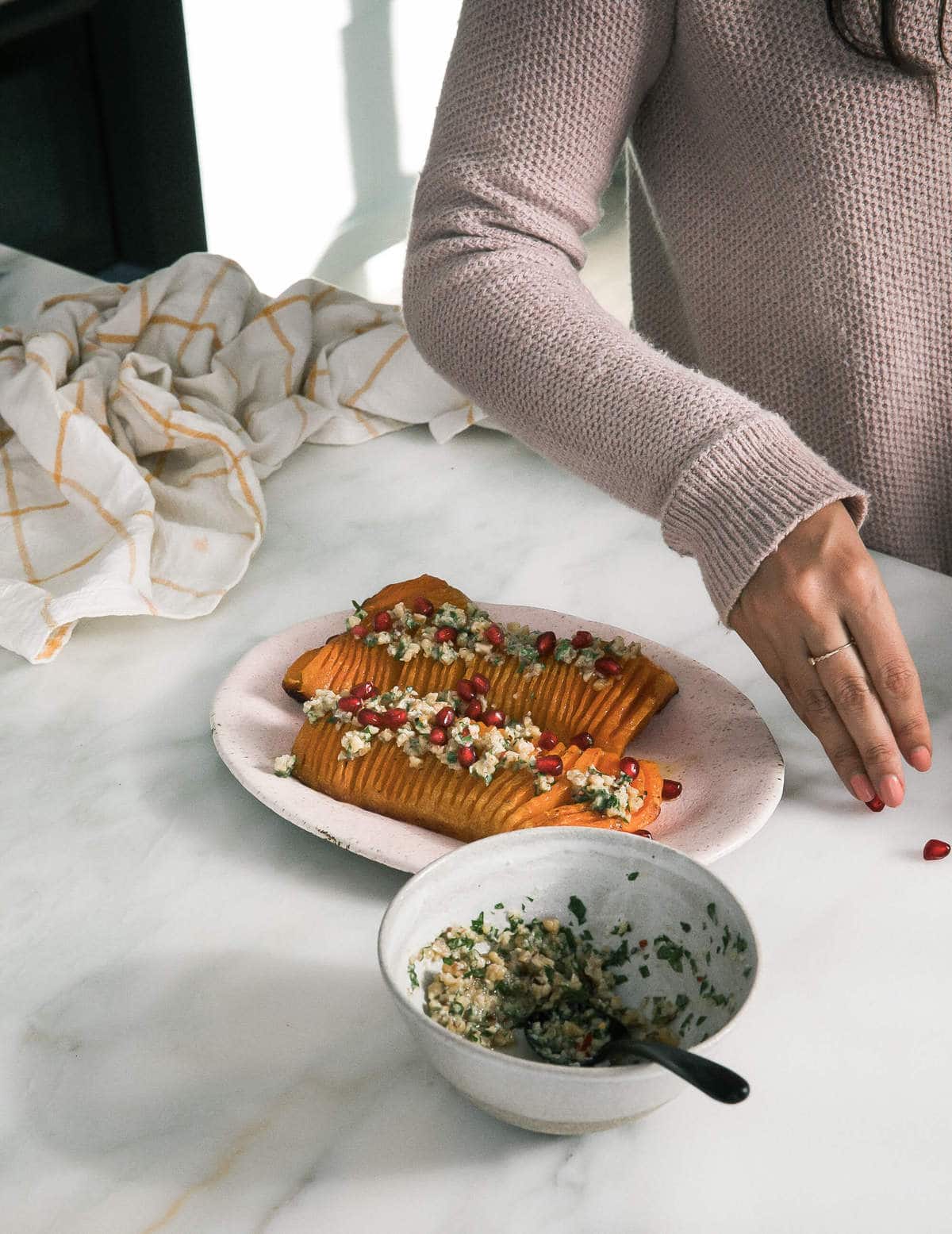 hasselback butternut squash with walnut gremolata