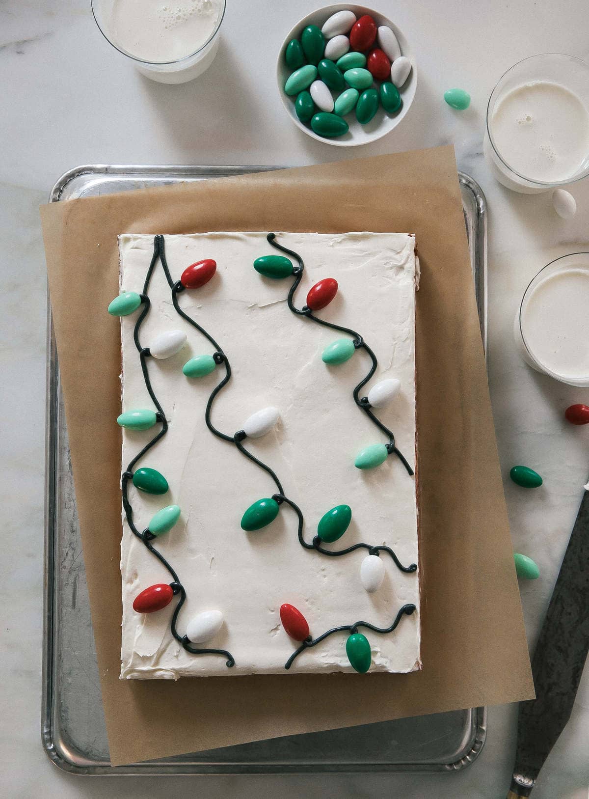 Coquito Cake decorated with Jordan almonds. 