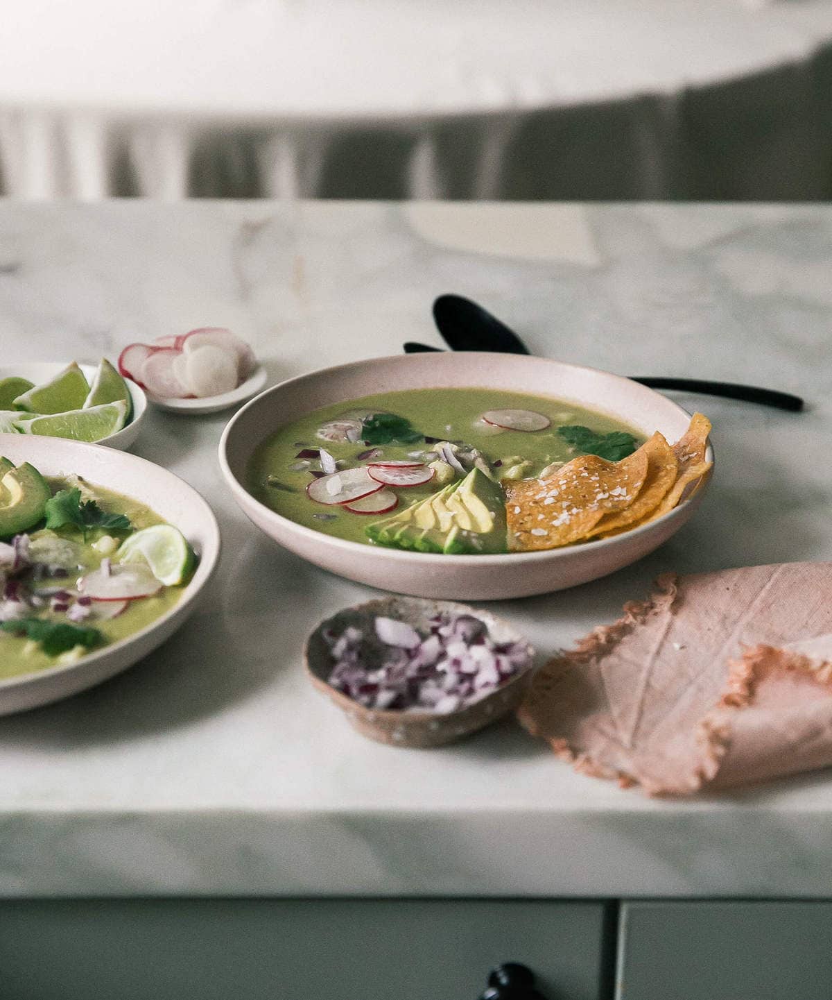 Pozole Verde in bowls. 