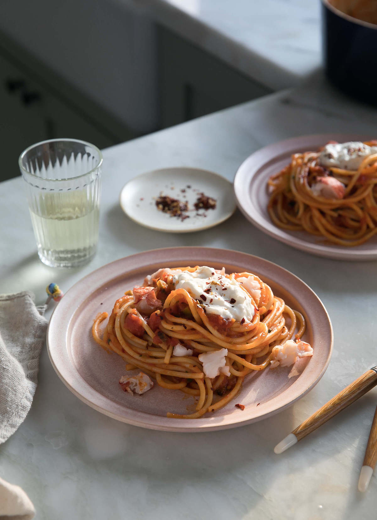 Spicy Lobster Bucatini with Burrata 