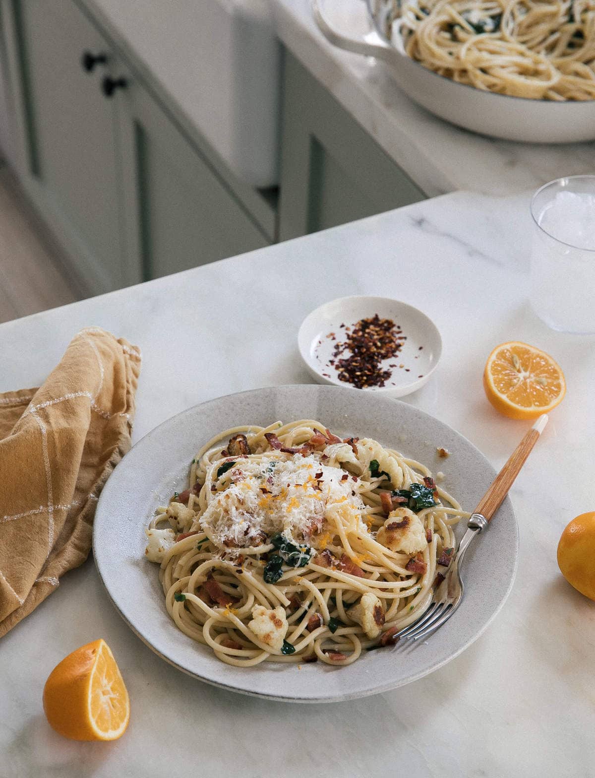 Bacon Pasta with Meyer Lemon and Cauliflower, 