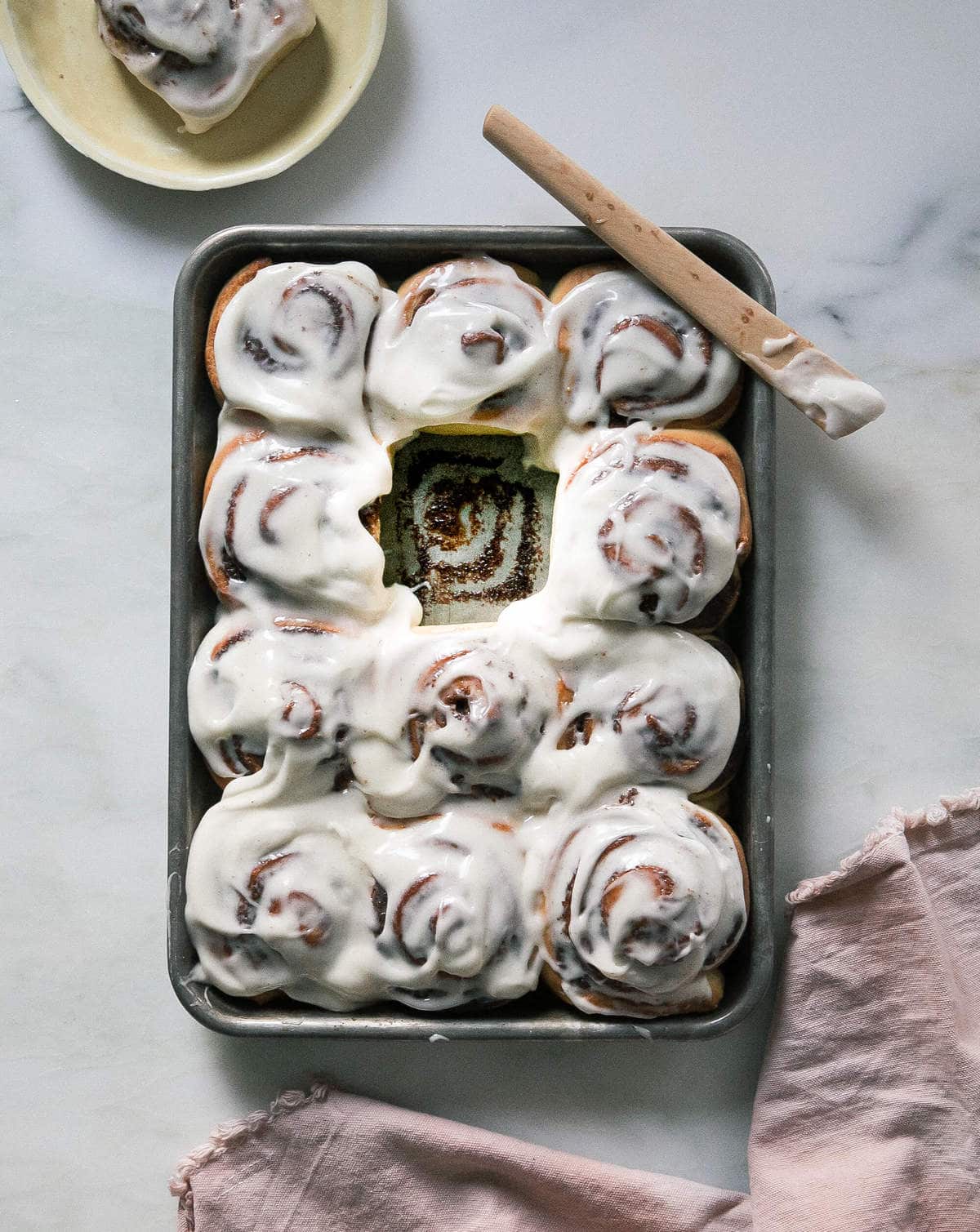 overhead shot of cinnamon rolls in pan 