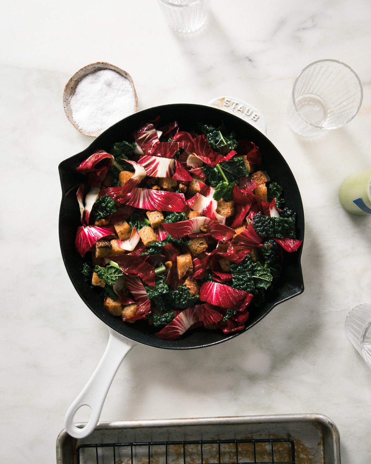 Salad in cast iron skillet. 