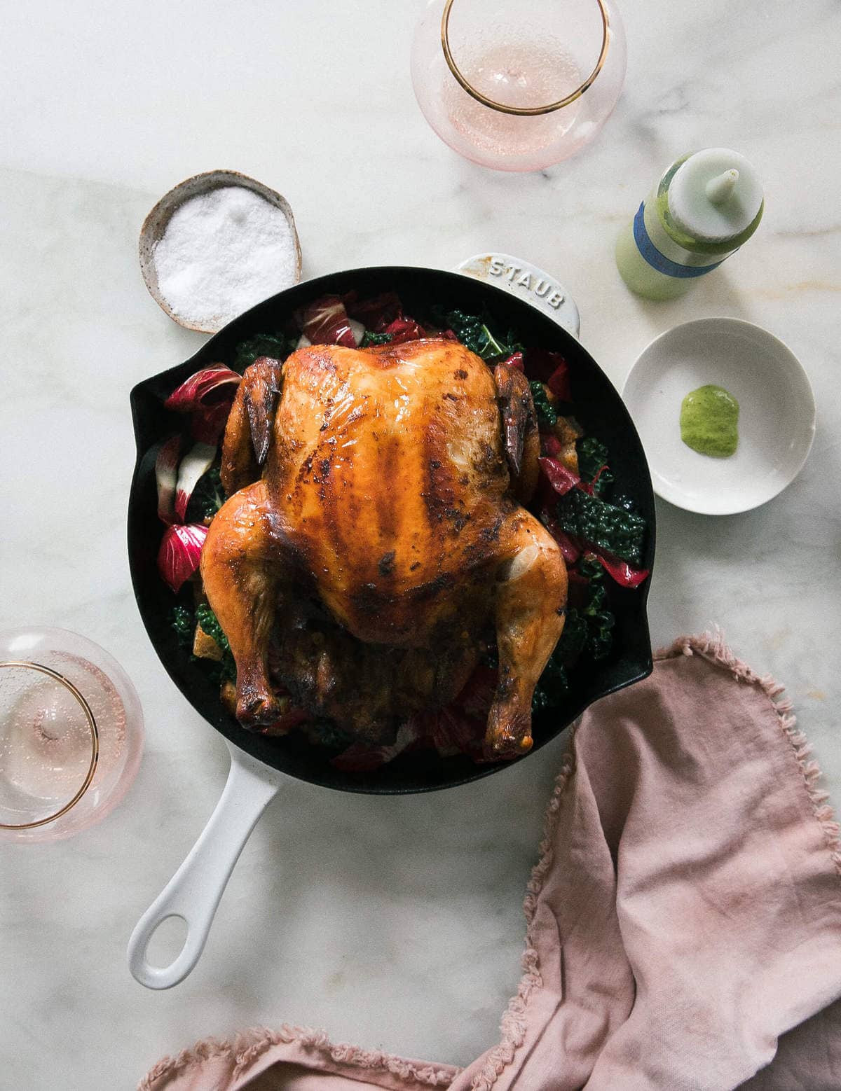 Roasted chicken in cast iron skillet. 