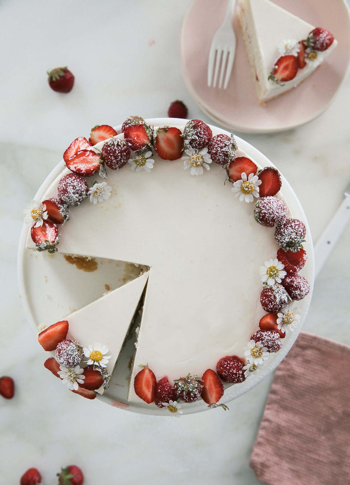 Strawberry Cream Cake decorated on cake stand. 