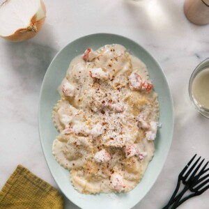 Lobster Ravioli on a platter.