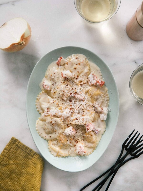 Lobster Ravioli on a platter.