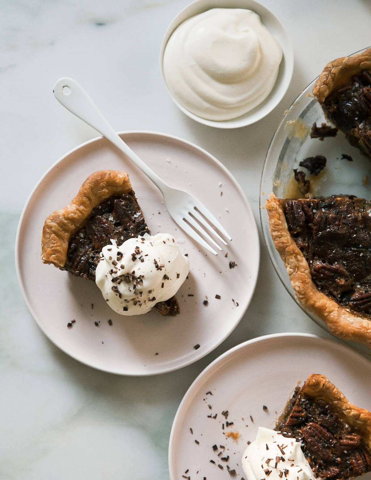 Slices of Dark Chocolate Pecan Pie. 