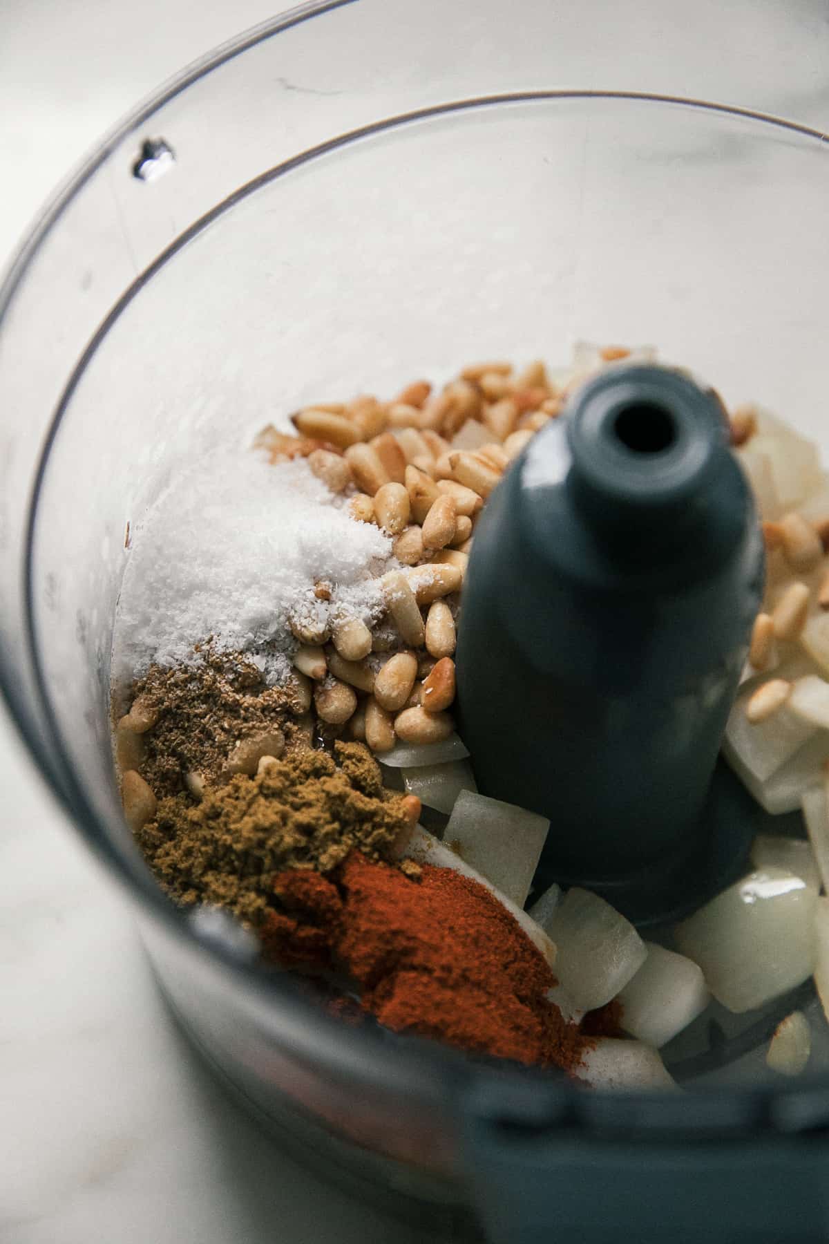 Ingredients in a food processor. 