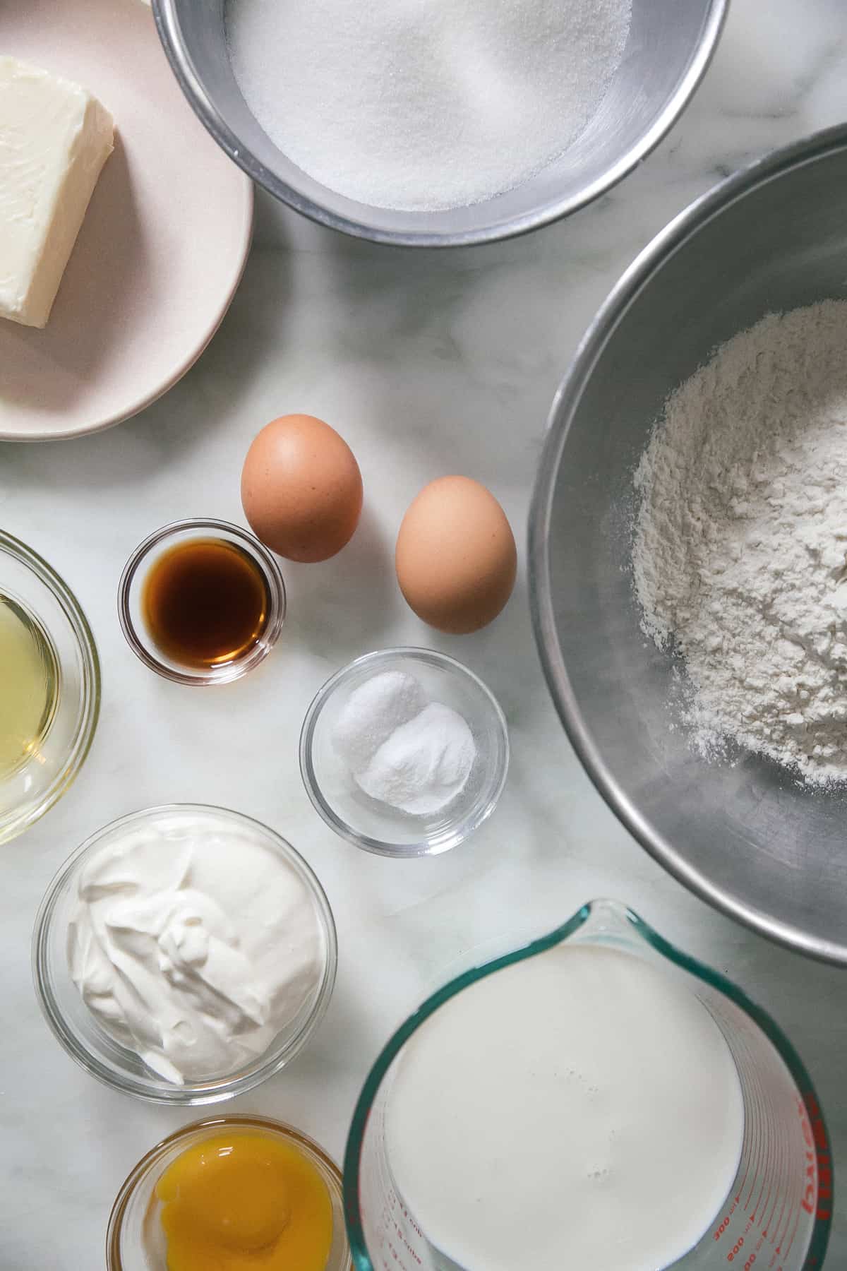 Ingredients in bowls on counter. 