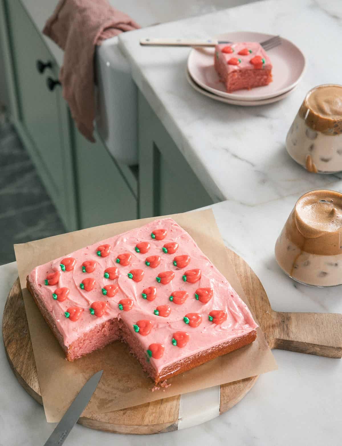 square strawberry cake with strawberries on top