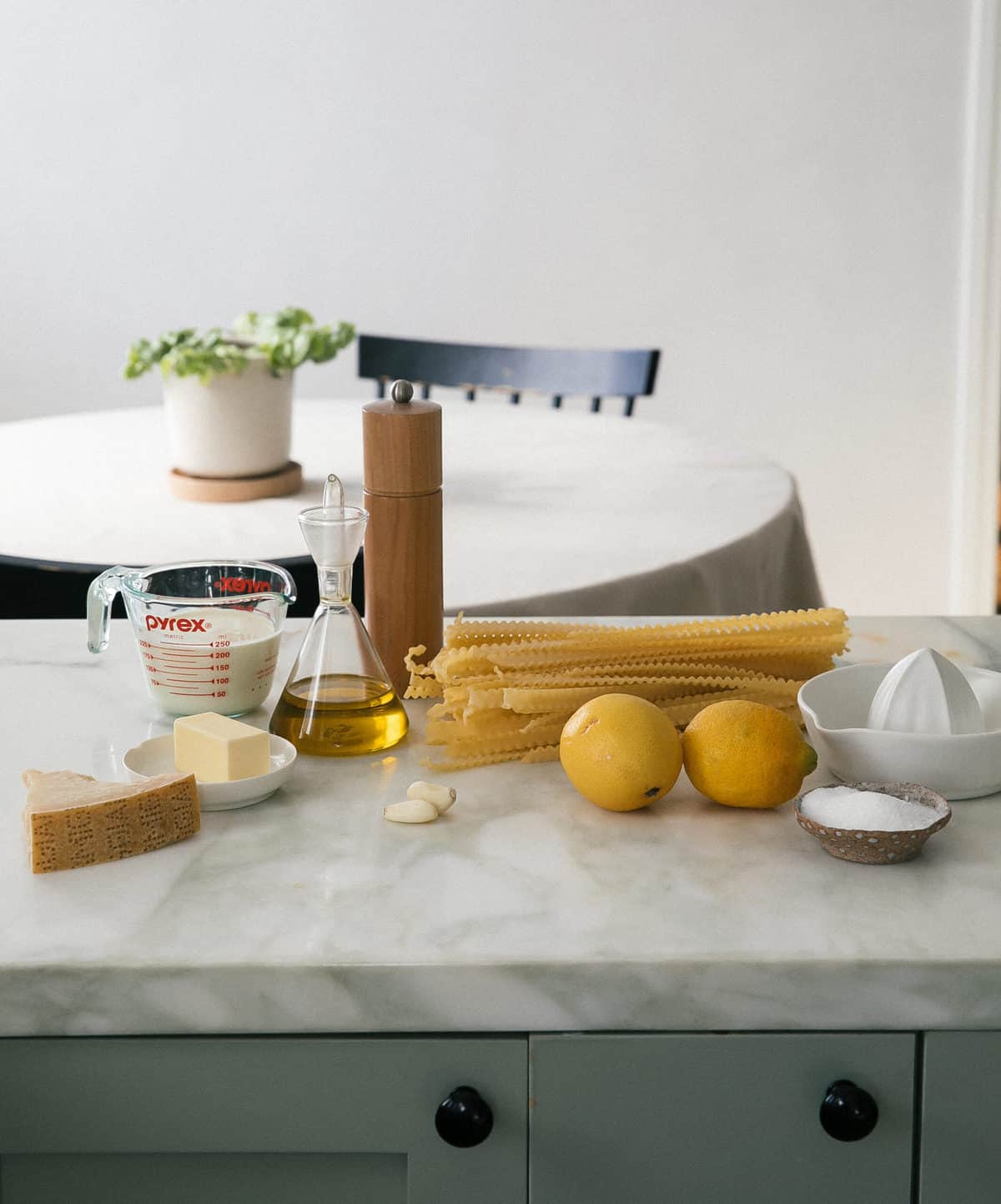 Ingredients for Pasta al Limone on counter. 