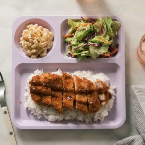 Overhead pork katsu on plate with mac salad and salad