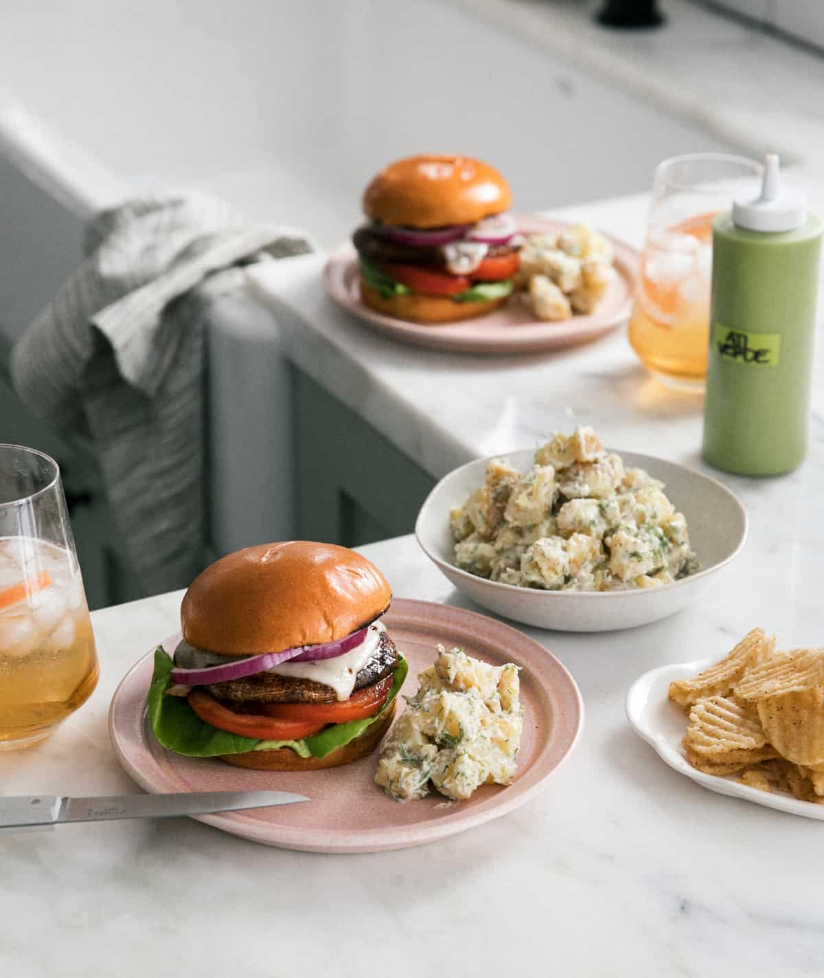 Grilled Portobello Mushroom Burgers with potato salad.