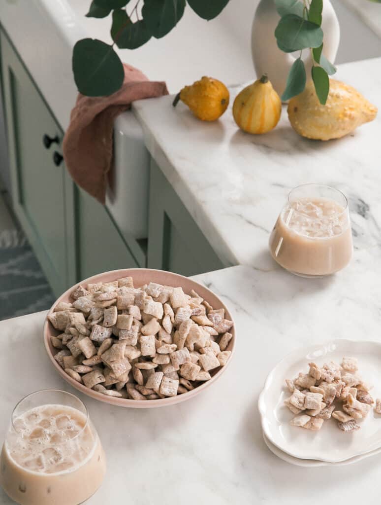 Arroz con Leche Muddy Buddies on counter