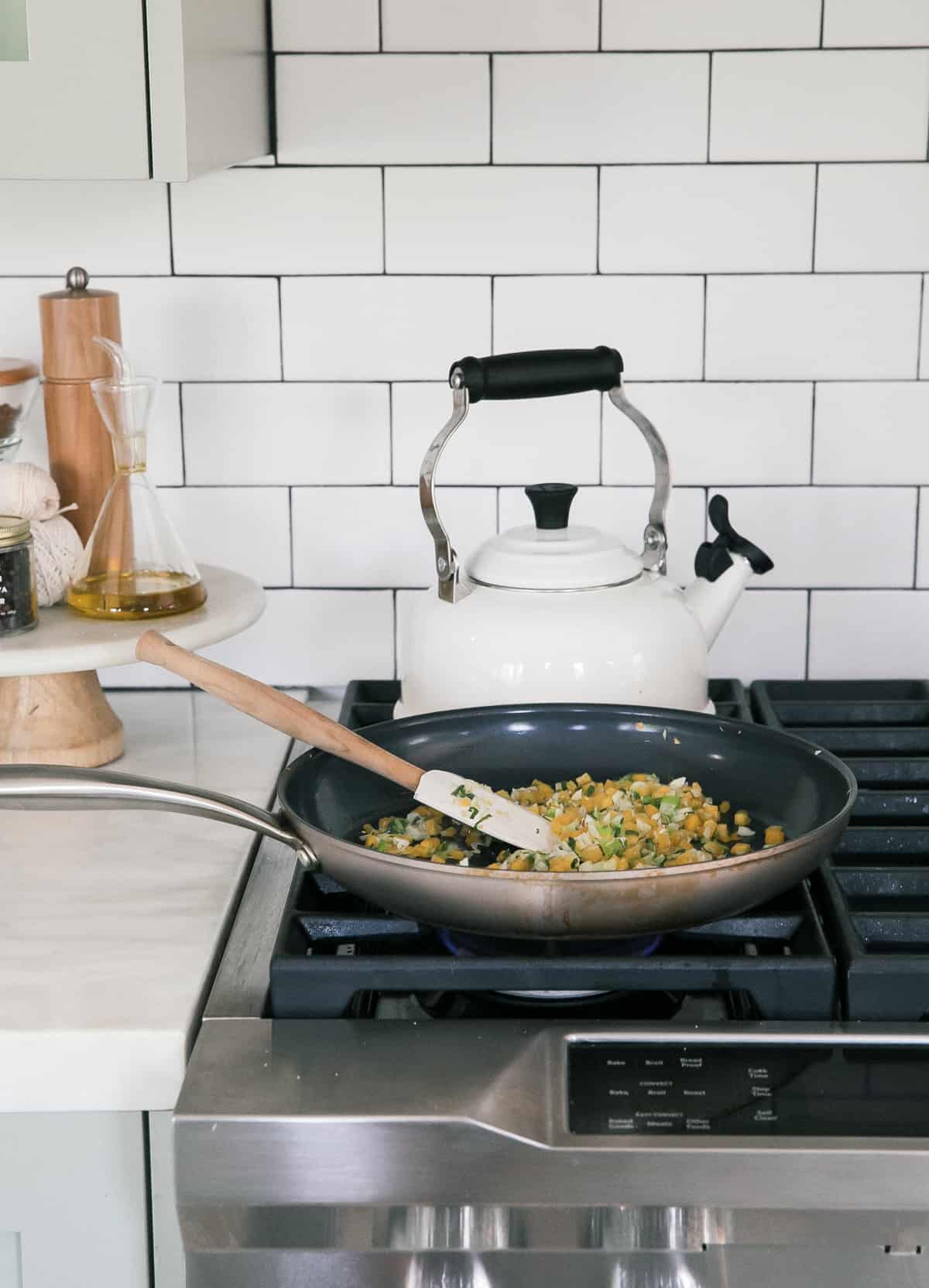 Filling being cooked in pan.