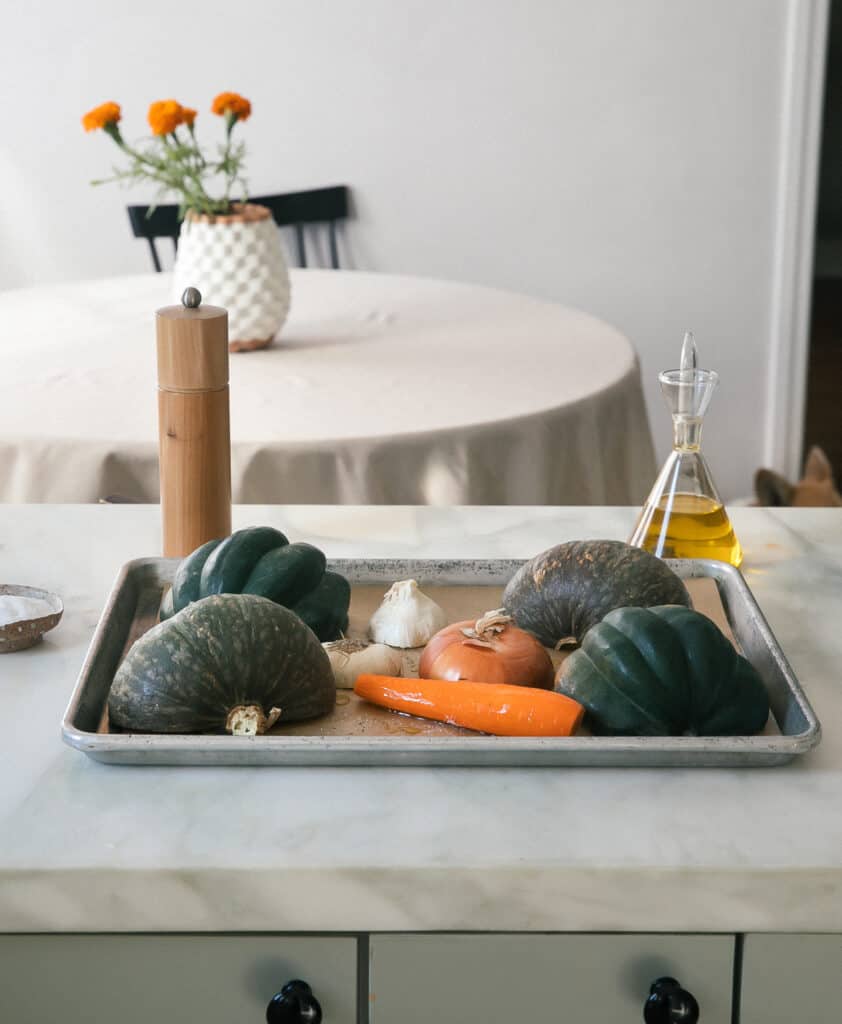 All of the ingredients on a baking sheet. 