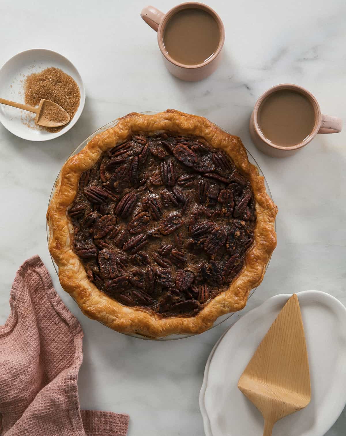 Butter Pecan Pie on counter after it's baked. 