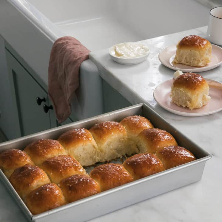 Salted Honey Parker House Rolls on counter