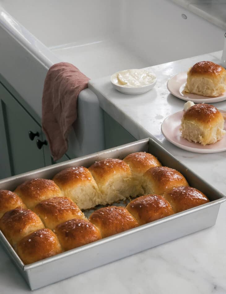 Salted Honey Parker House Rolls on counter