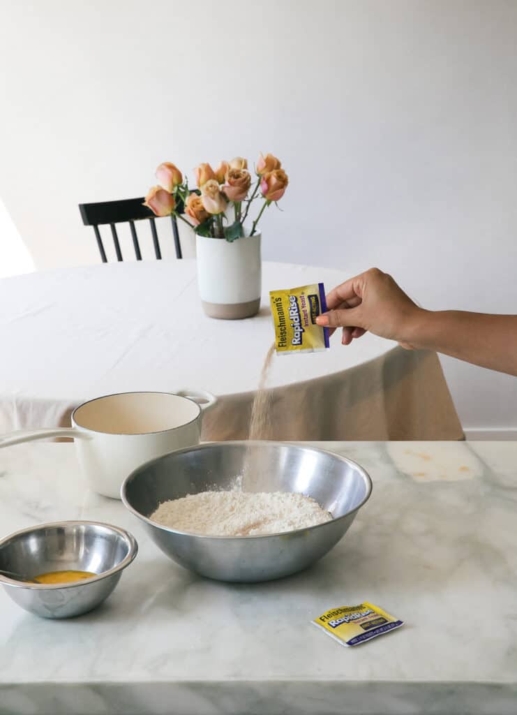 Instant yeast into flour mixture