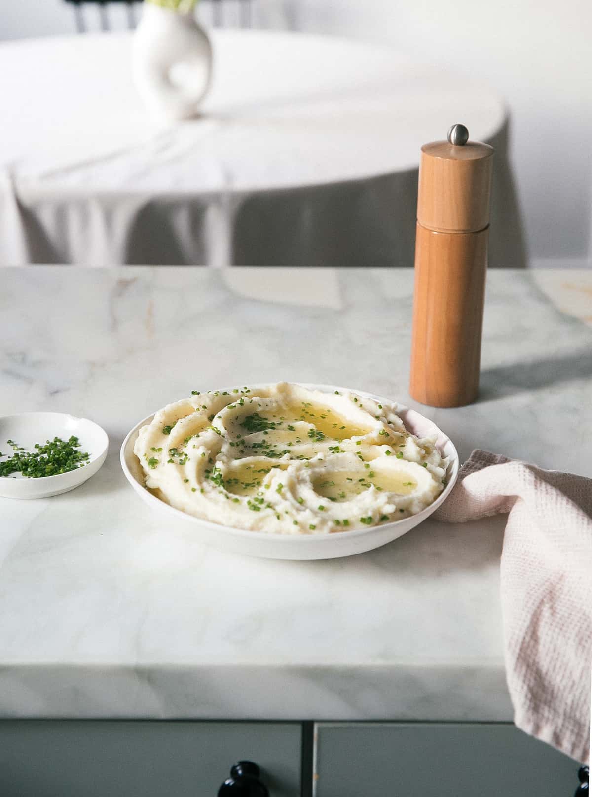 Bowl of mashed potatoes on a counter