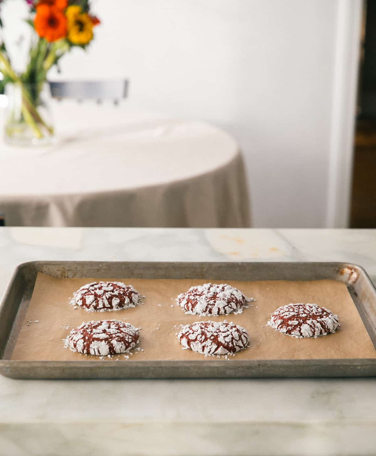 Red Velvet Crinkle Cookies on Baking Sheet.