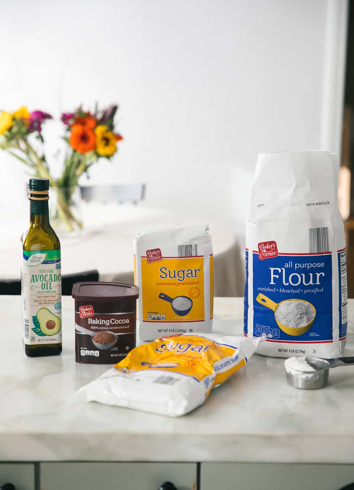 Ingredients for Red Velvet Crinkle Cookies.