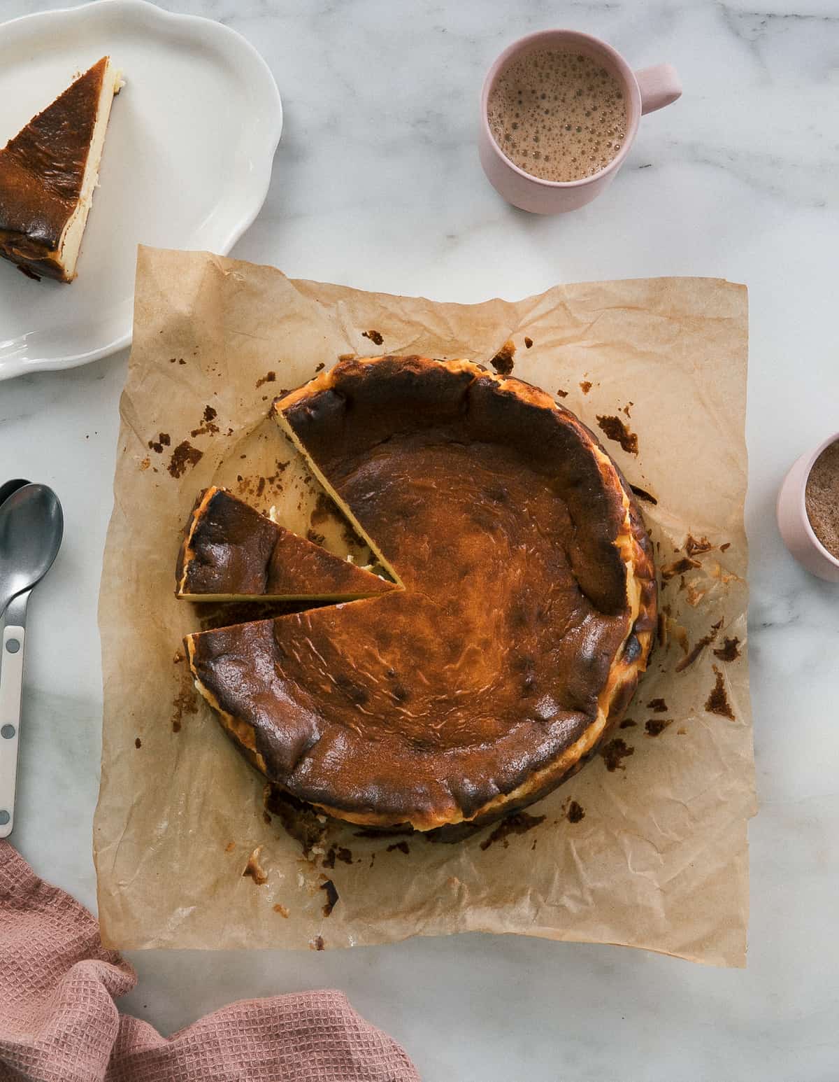 Basque Cheesecake on counter. 