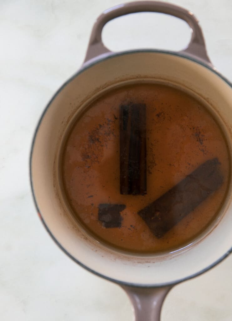 Cinnamon water steeping in pot. 