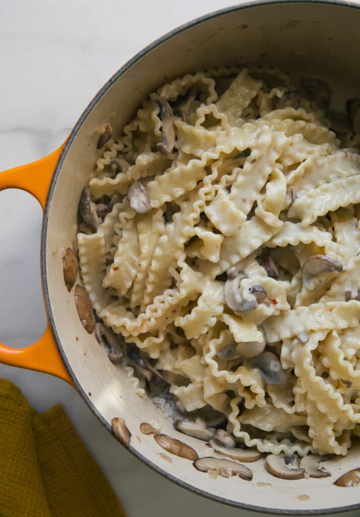 Overhead creamy mushroom pasta