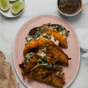 Birria Tacos on plate overhead