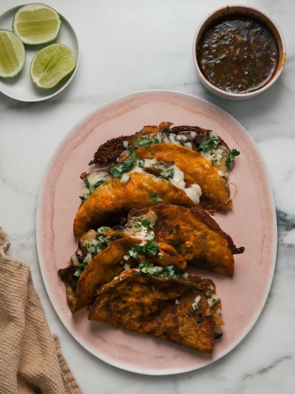 Birria Tacos on plate overhead