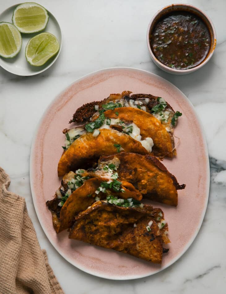 Birria Tacos on plate overhead