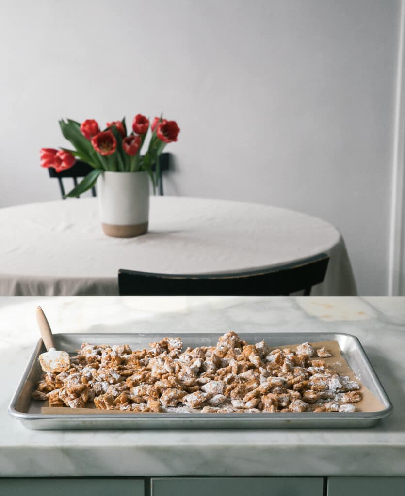 Chex muddy buddies on baking sheet