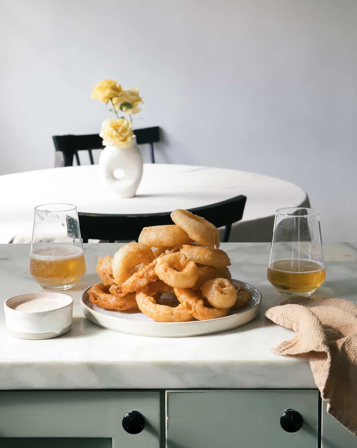 Beer Battered Onion Rings on plate.