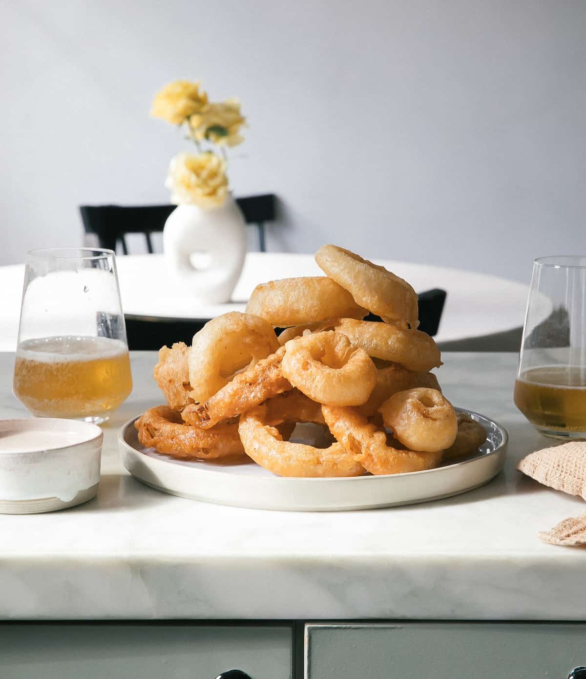 Beer Battered Onion Rings on plate.