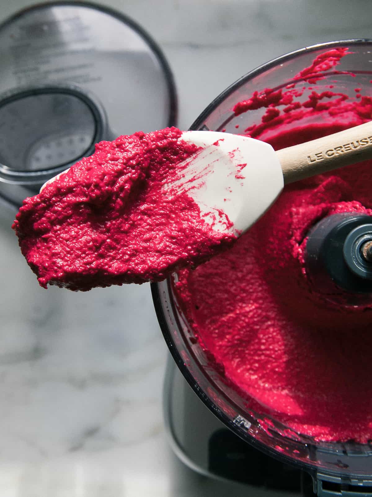 Beet Hummus in food processor. 
