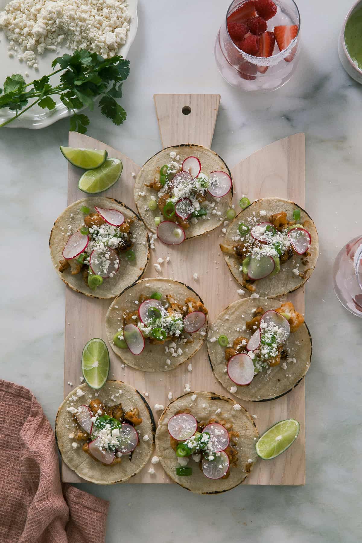 Cauliflower Tacos on cutting board. 